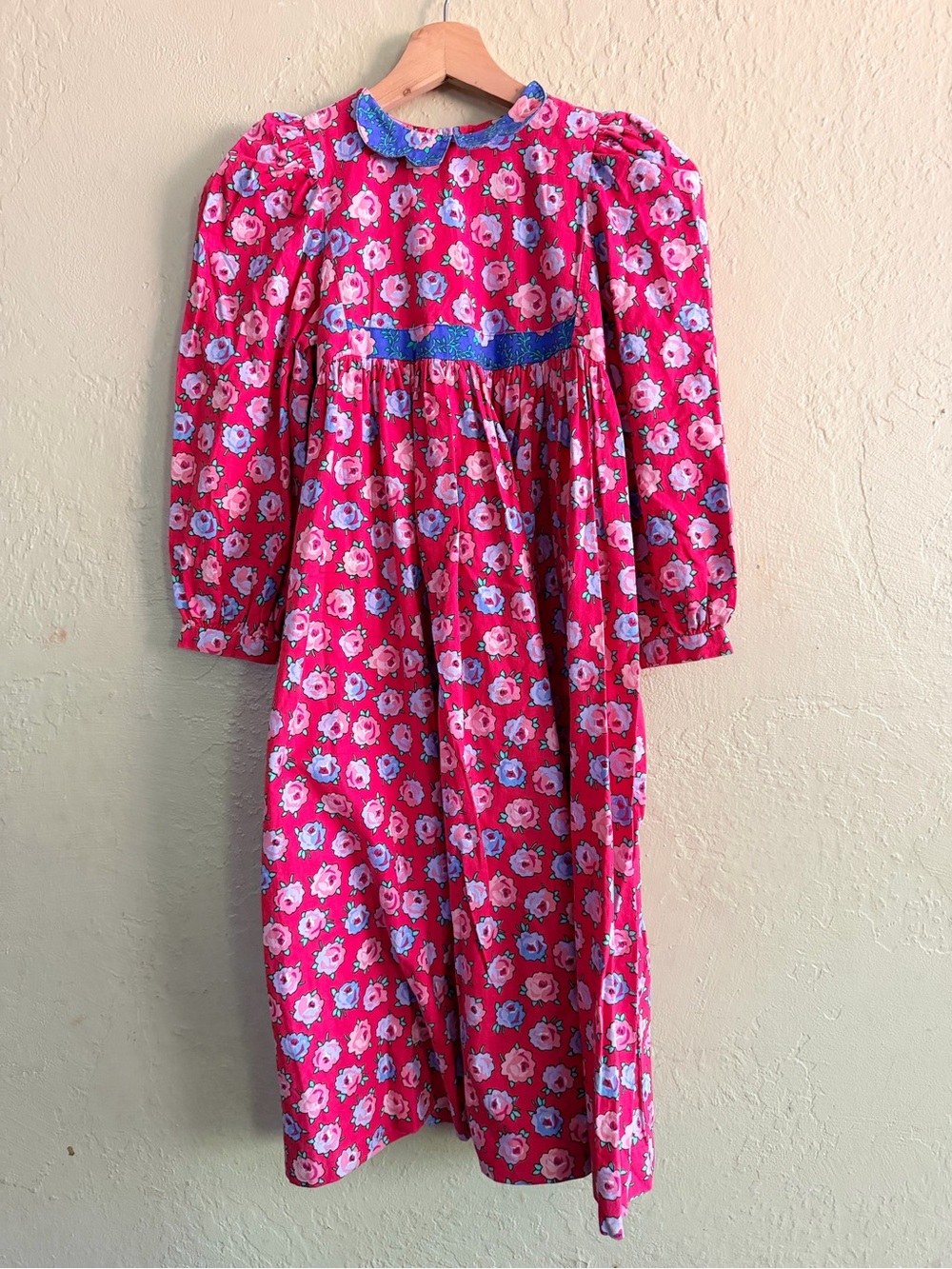 Girls Pink Floral Vintage Dress with Blue Trim